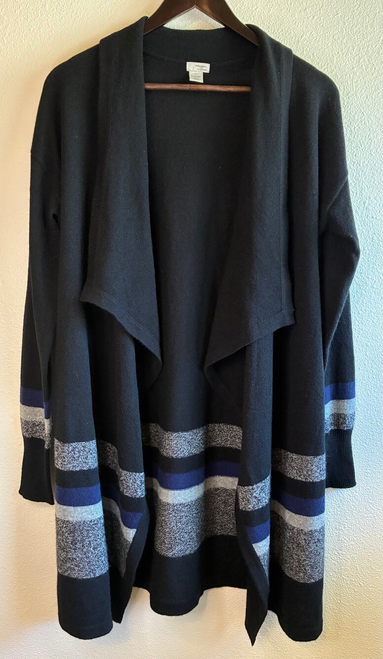 HALOGEN | 100% Cashmere Cardigan Black Open Front Striped Oversized Fit | Small